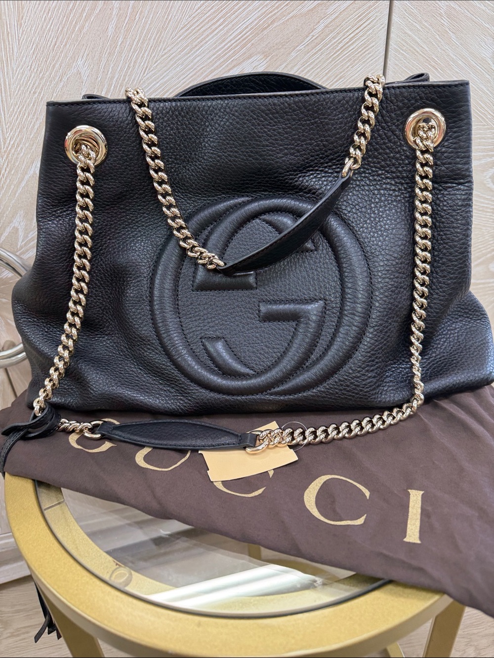 Gucci Black Pebbled Leather Chain Shoulder Tote with Gold Hardware